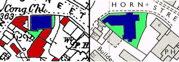 Map showwing the chapel before and after rebuilding